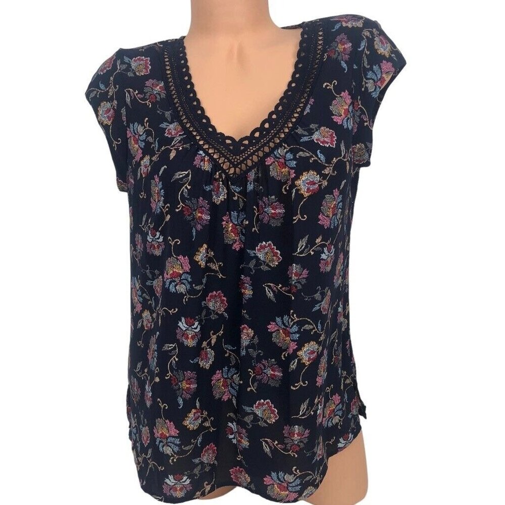 Daniel Rainn DR2 Floral Print Crochet Lace Trim Cap Sleeve V-Neck Boho Blouse S